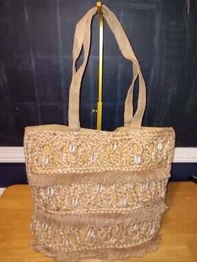 Salt + Umber Woven Shell Fringe Tote Bag in Natural Beige